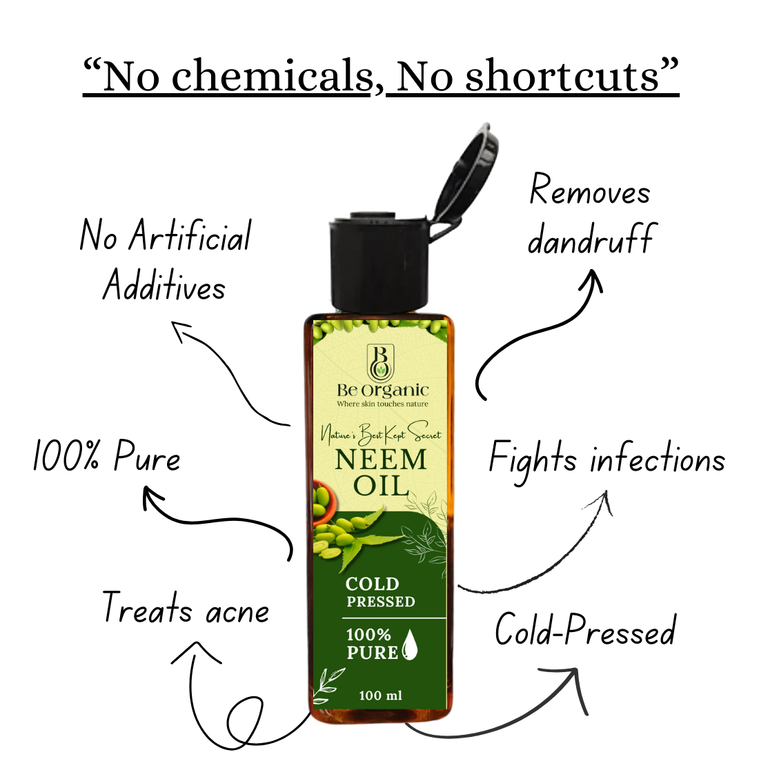 100% Pure Cold Pressed Neem Oil Bottle – Natural Dandruff Remedy, Hair & Skin Treatment