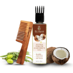 Be Organic - Natural Secrets Everyday Wide Tooth Wooden Kacchi Neem Comb & Virgin coconut Hair Oil For Dry And Frizzy Hair, With Castor, Coconut & Amla (Combo Pack Of 2)